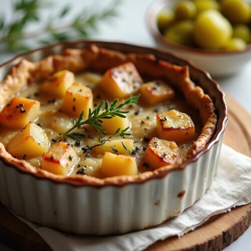 Rețeta hipocalorică tartă rustică cu mușchiuleț, cartofi copți și muștar