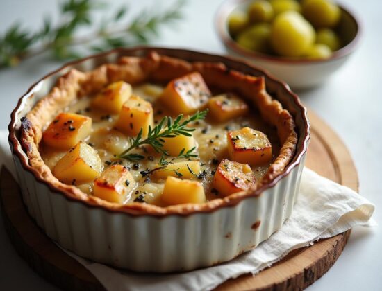 Rețeta hipocalorică tartă rustică cu mușchiuleț, cartofi copți și muștar