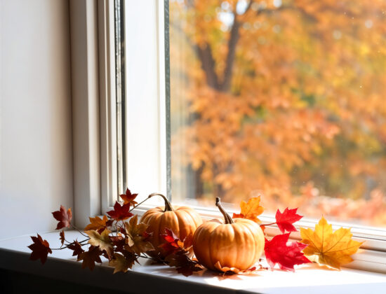 geam inchis cu dovleci si frunze de toamnă pe pervaz, afara se vede peisaj de toamna