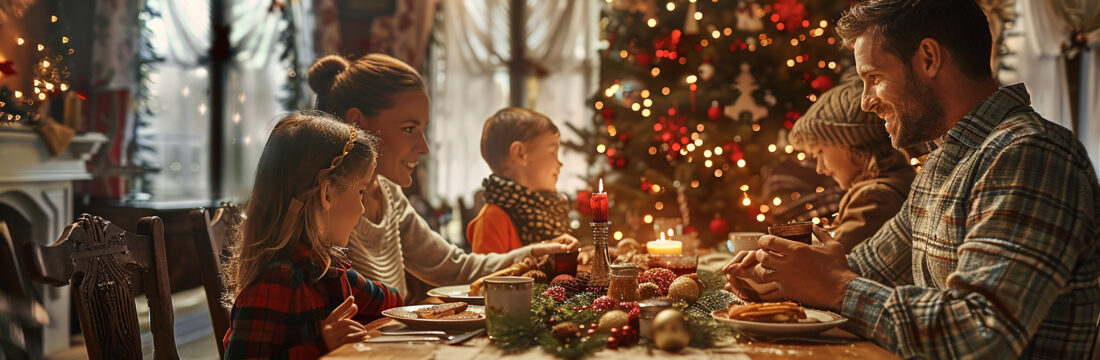 familie fericita la masa, de craciun, bradul cu luminite se vede pe fundal