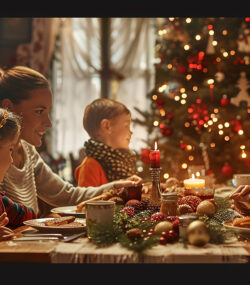 familie fericita la masa, de craciun, bradul cu luminite se vede pe fundal