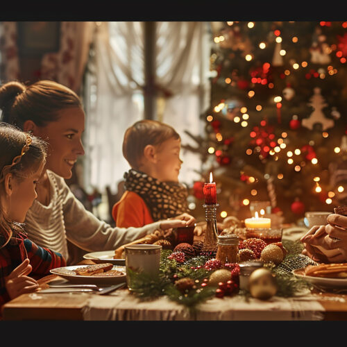 familie fericita la masa, de craciun, bradul cu luminite se vede pe fundal