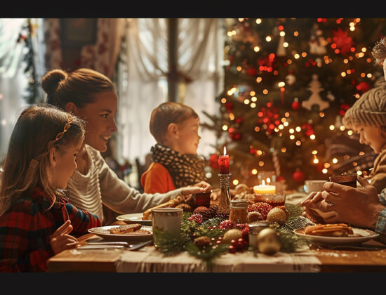 familie fericita la masa, de craciun, bradul cu luminite se vede pe fundal