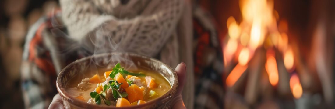 Imagine de aproape, persoană fericită care ține în mâini un bol de supă caldă. Focus pe bolul de mâncare