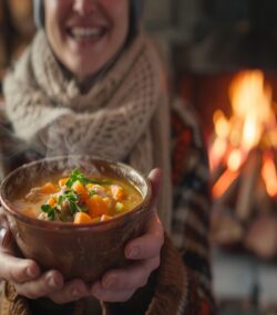 Imagine de aproape, persoană fericită care ține în mâini un bol de supă caldă. Focus pe bolul de mâncare