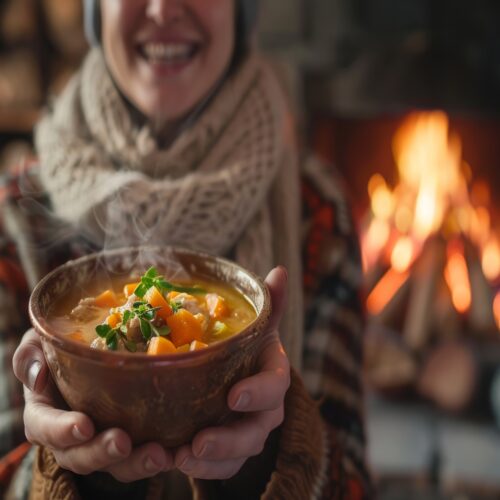 Imagine de aproape, persoană fericită care ține în mâini un bol de supă caldă. Focus pe bolul de mâncare