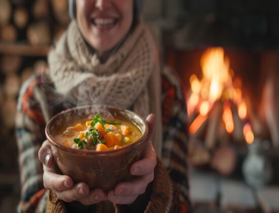 Imagine de aproape, persoană fericită care ține în mâini un bol de supă caldă. Focus pe bolul de mâncare