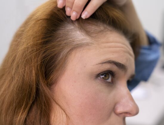 femeie cu parul subtiat din cauza căderii difuze, arata scalpul, close up