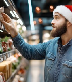 barbat la cumparaturi de craciun cu caciula de mos pe cap