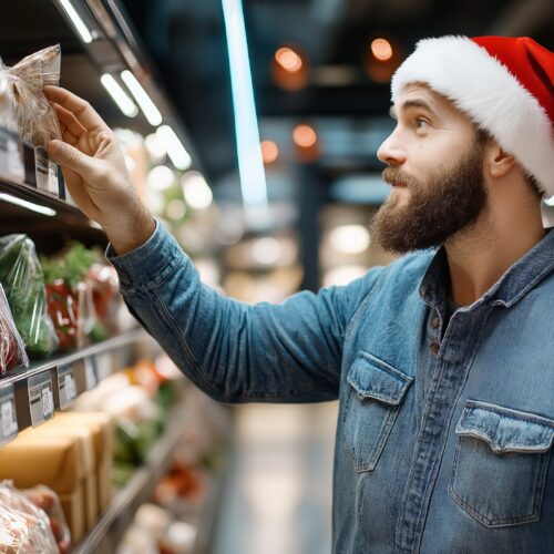 barbat la cumparaturi de craciun cu caciula de mos pe cap