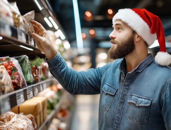 barbat la cumparaturi de craciun cu caciula de mos pe cap