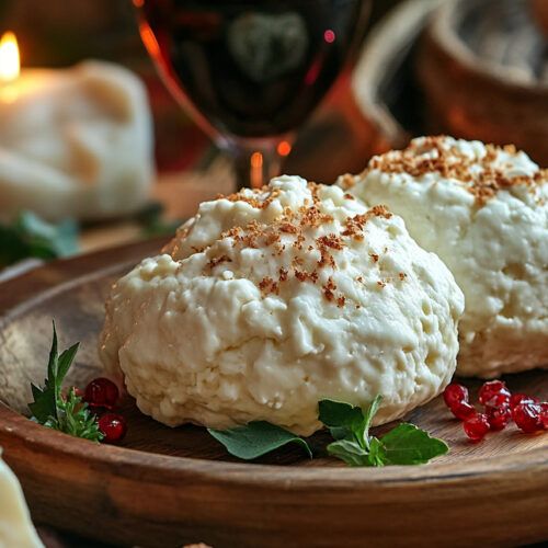 doua bucati de branza moale aperitiv în decor festiv, de sarbatori