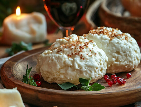 doua bucati de branza moale aperitiv în decor festiv, de sarbatori