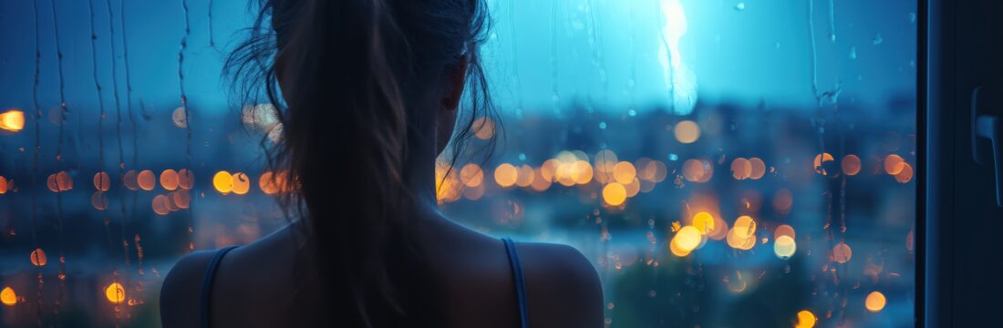 femeie se uita pe geam vreme ploioasa