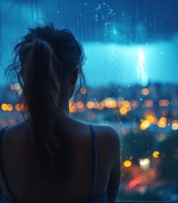 femeie se uita pe geam vreme ploioasa