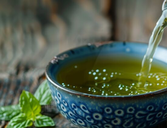 imagine cu o ceasca in care cineva varsa ceai verde