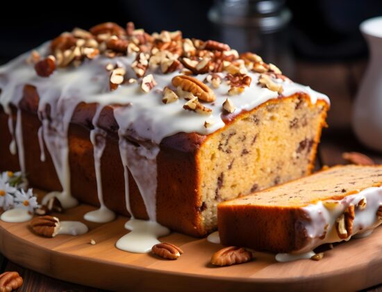 close up cu banana bread cu glazură alba și nuci