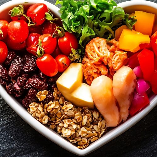 un bol in forma de inima cu diferite fructe si legume bune pentru inima