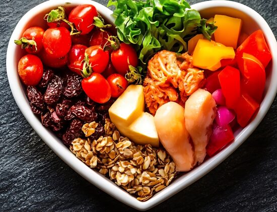 un bol in forma de inima cu diferite fructe si legume bune pentru inima