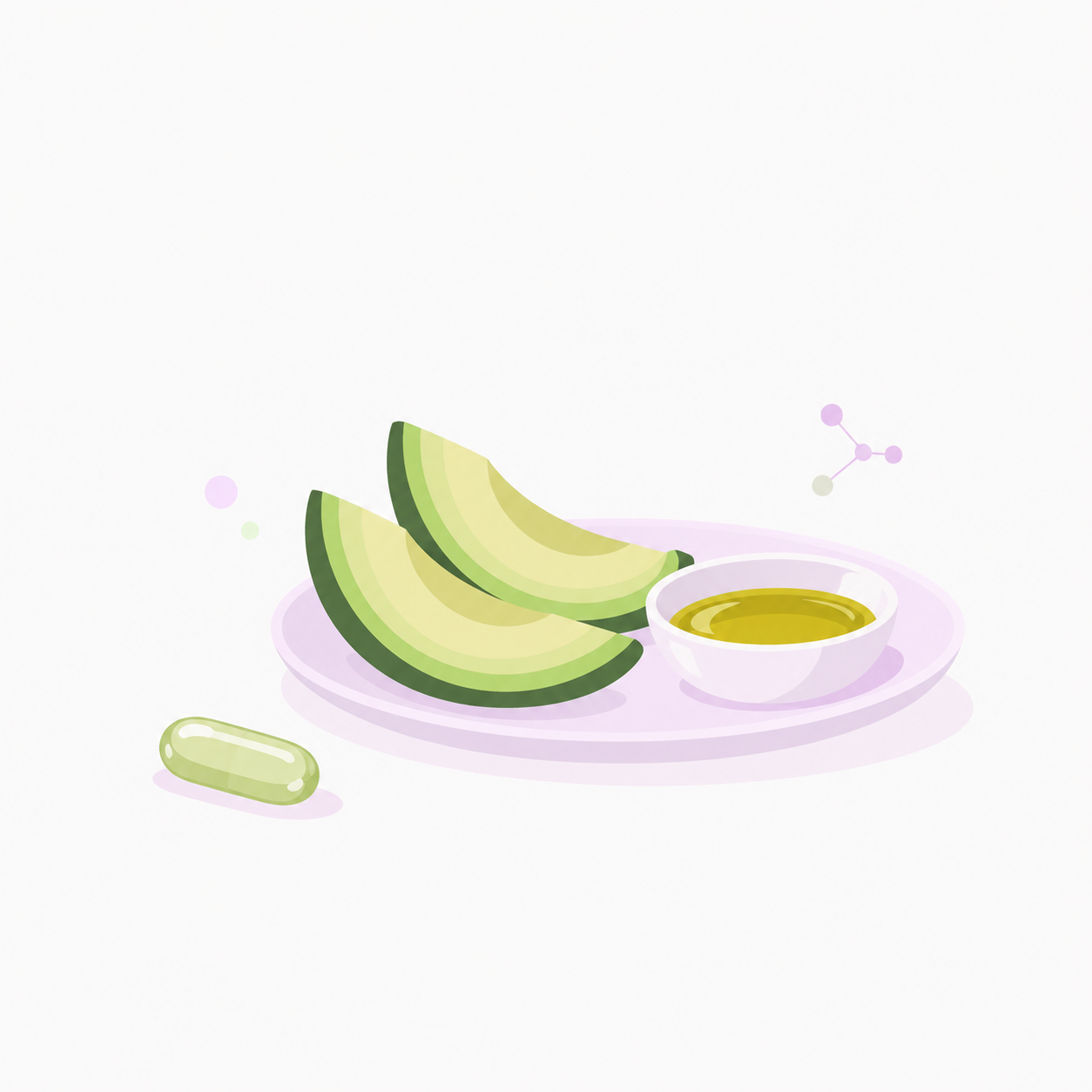 Ilustrație cu o capsulă alături de avocado și ulei de măsline, pentru că coenzima Q10 se absoarbe mai bine împreună cu o masă care conține grăsimi