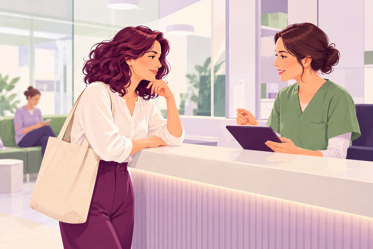 Ilustrație cu o femeie care vorbește relaxată, sprijinită de tejghea, cu o asistentă zâmbitoare de la recepția unui laborator de analize luminos