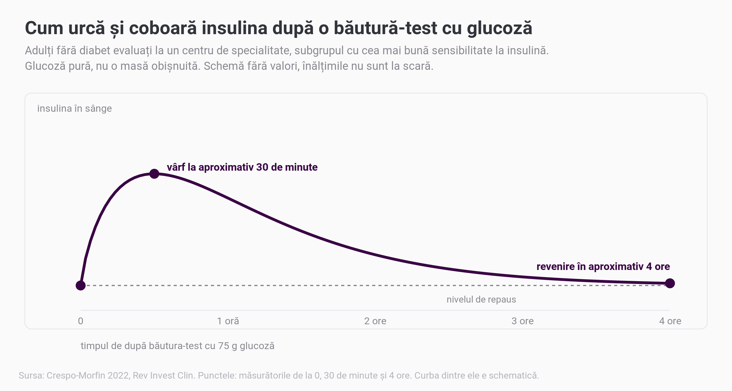 Grafic schematic, fără valori, cu insulina din sânge după o băutură-test cu 75 g glucoză, la subgrupul de adulți fără diabet cu cea mai bună sensibilitate la insulină: urcă până la un vârf la aproximativ 30 de minute, apoi coboară treptat și revine la nivelul de repaus în aproximativ 4 ore