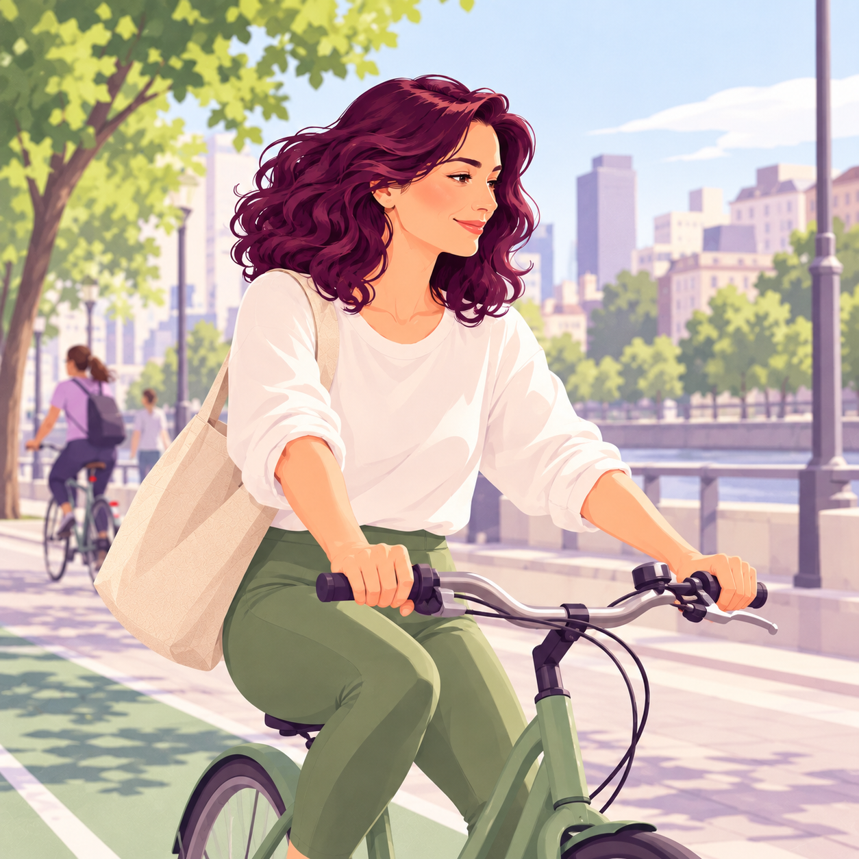 Ilustrație cu o femeie care merge relaxată pe o bicicletă verde, pe o pistă de biciclete de lângă un râu, în oraș, cu o sacoșă de pânză pe umăr