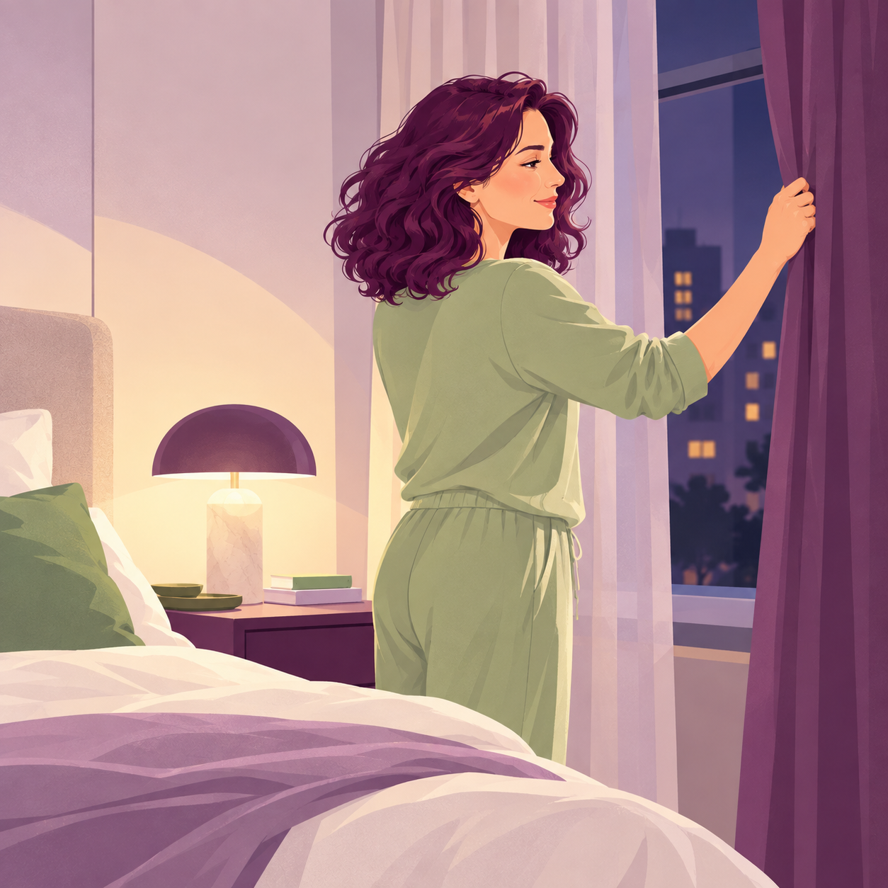 Ilustrație cu o femeie care trage perdeaua seara, în dormitor, cu luminile orașului la fereastră, o veioză aprinsă pe noptieră și patul făcut, cu o pătură lila