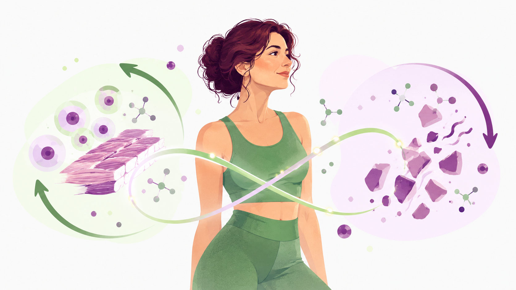 Ilustrație cu o femeie calmă între două procese: în stânga, forme mici care se asamblează într-o structură, în dreapta, o structură care se desface în bucăți, legate printr-o buclă de energie
