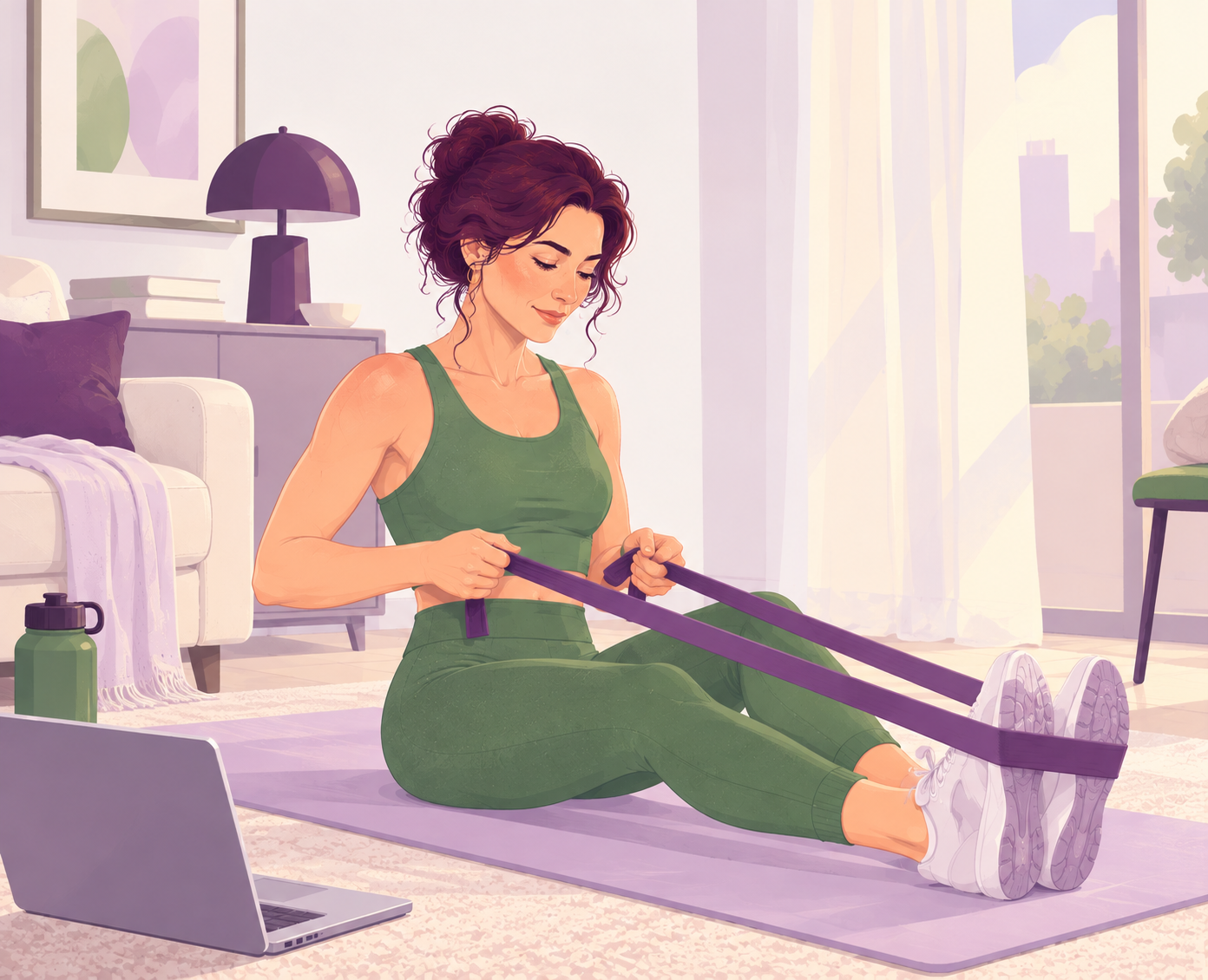Ilustrație cu o femeie care face acasă, pe un covoraș, un exercițiu de forță cu o bandă elastică trasă spre ea, cu picioarele întinse