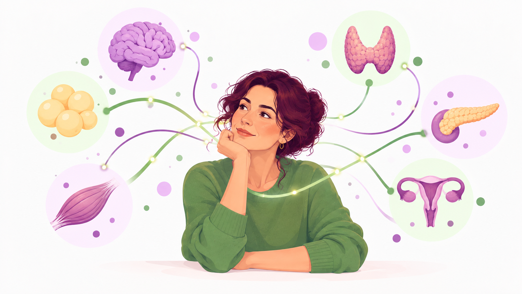 Ilustrație cu o femeie gânditoare, cu bărbia în palmă, înconjurată de semnale care pornesc din creier, tiroidă, pancreas, ovare, mușchi și țesut adipos și se întâlnesc în jurul ei