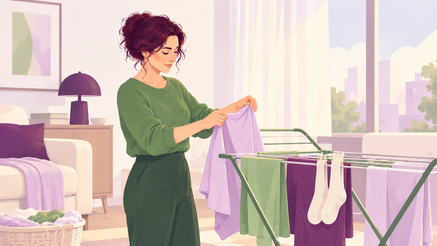Ilustrație cu o femeie care întinde rufe pe un uscător, în sufragerie, lângă o fereastră luminoasă