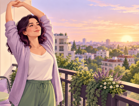 Ilustrație cu o femeie de aproximativ 40 de ani care se întinde liniștită pe balcon, la răsărit, deasupra orașului | fără caption | imagine reprezentativă, tăiată pătrat din centru de blocul `main-nutrient`