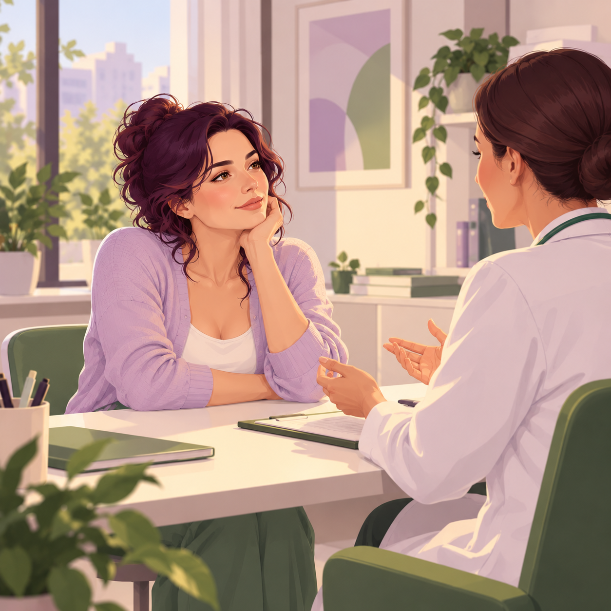 Ilustrație cu o consultație calmă, o femeie și o doctoriță care discută față în față la birou