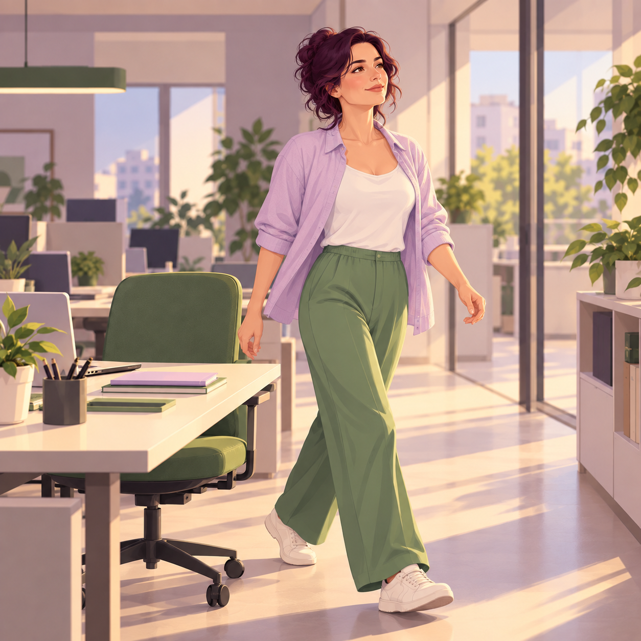 Ilustrație cu o femeie care merge la pas prin birou, după ce s-a ridicat de la masă