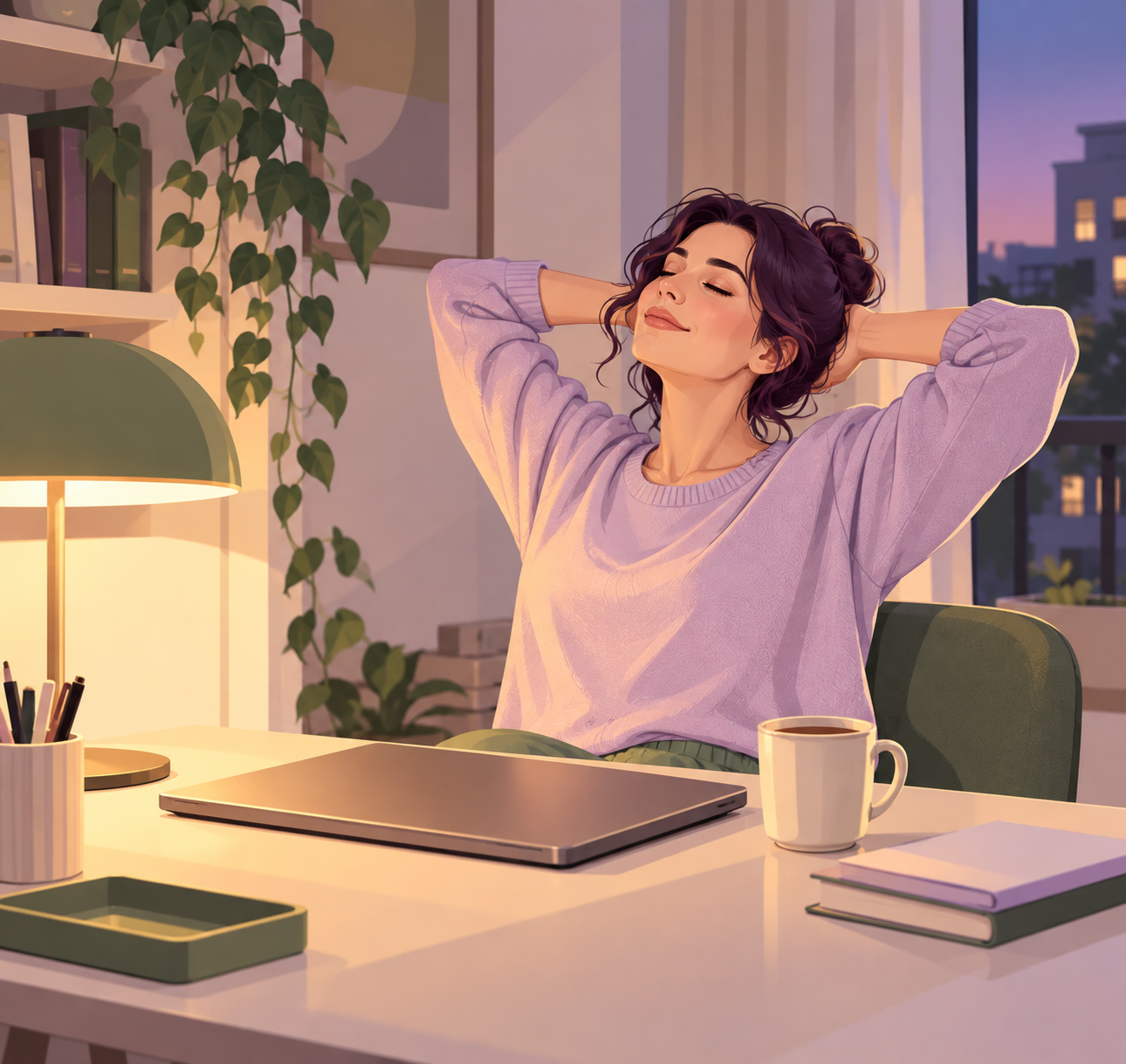 Ilustrație cu o femeie care se relaxează seara la birou, cu laptopul închis și lampa aprinsă