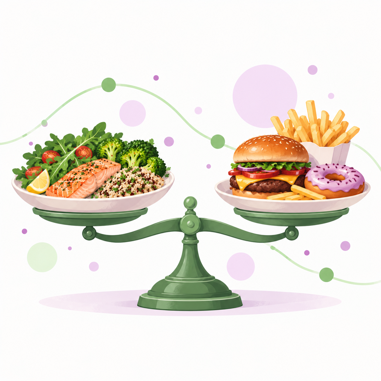 Ilustrație cu o balanță care are pe un taler o masă gătită cu somon și legume, iar pe celălalt un burger, cartofi prăjiți și o gogoașă