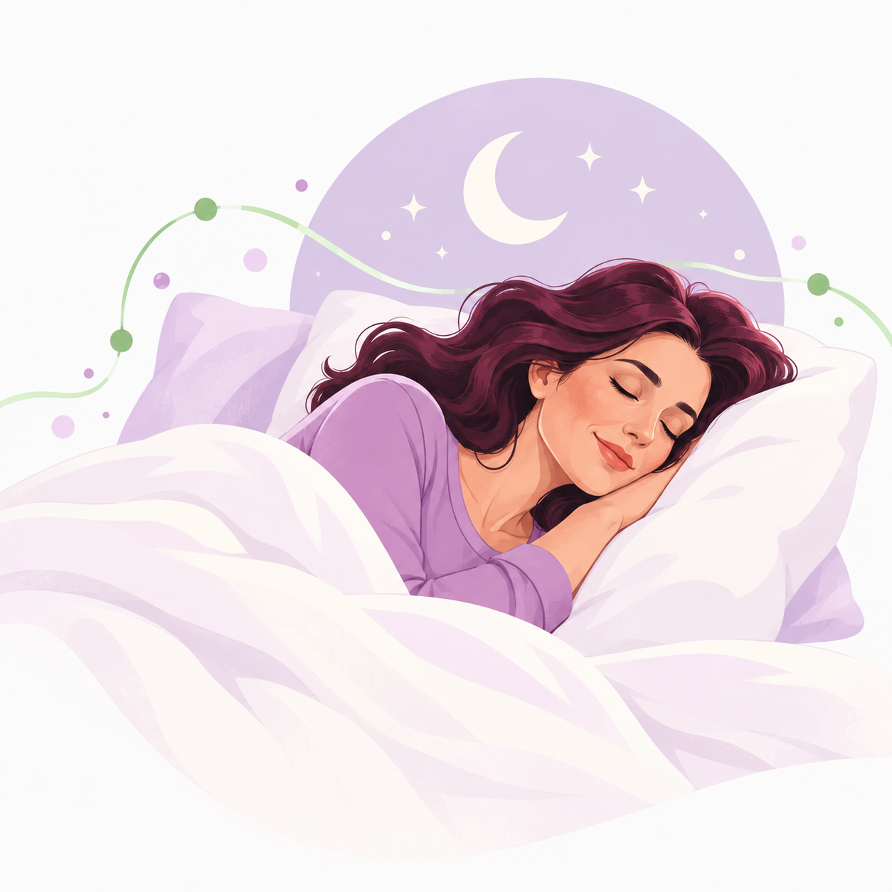 Ilustrație cu o femeie care doarme liniștită, cu luna într-un cerc lavandă în spate