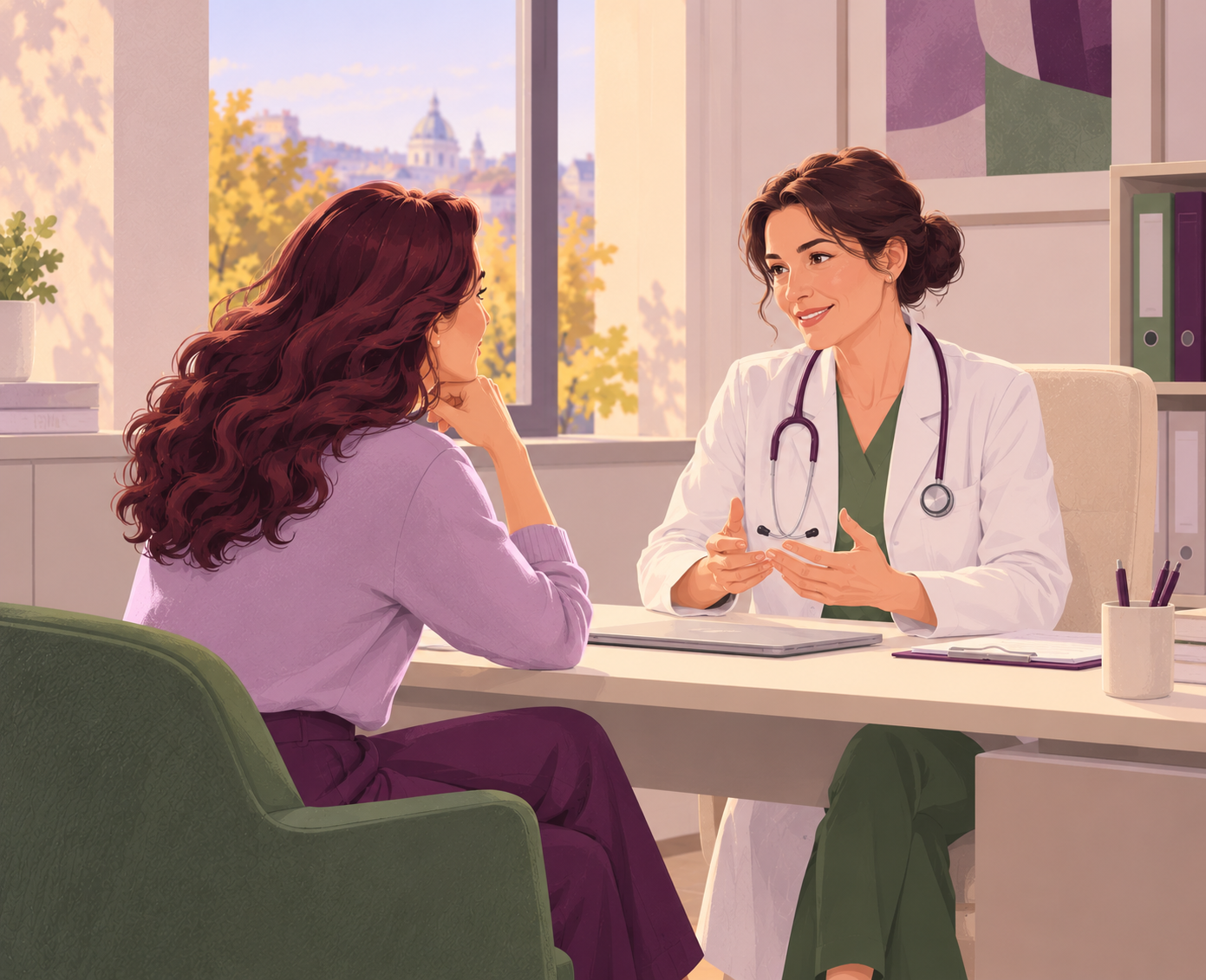 Ilustrație cu o femeie care discută liniștită cu doctorița ei la birou, într-un cabinet luminos
