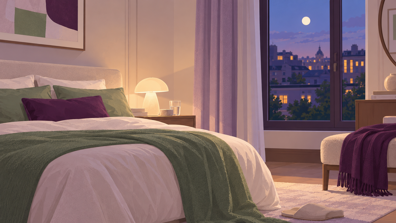 Ilustrație cu un dormitor liniștit seara, cu patul făcut, o veioză aprinsă și luna văzută pe fereastră deasupra orașului