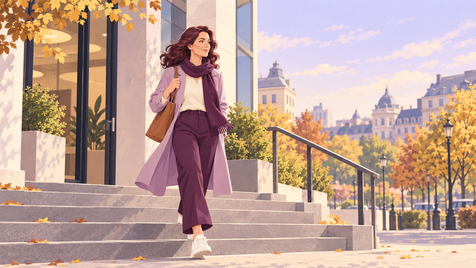 Ilustrație cu o femeie care coboară relaxată treptele unei clădiri, într-o dimineață de toamnă, cu copaci aurii și orașul în fundal