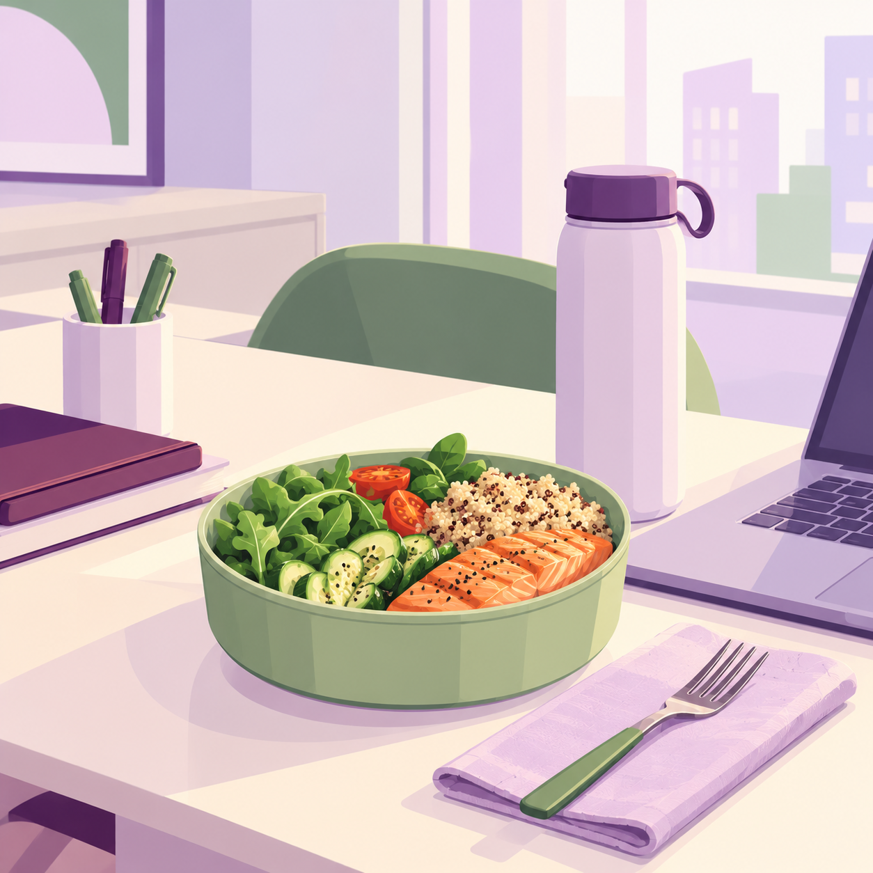 Leptina, grelina și ce pui în farfurie: ilustrație cu un prânz într-un bol pe un birou, cu salată verde, roșii, castravete, quinoa și somon, lângă o sticlă de apă și un laptop