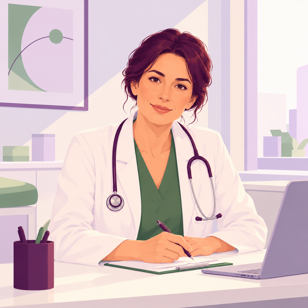 Ilustrație cu o doctoriță în halat alb, cu stetoscop, așezată la birou într-un cabinet luminos, care zâmbește și ia notițe