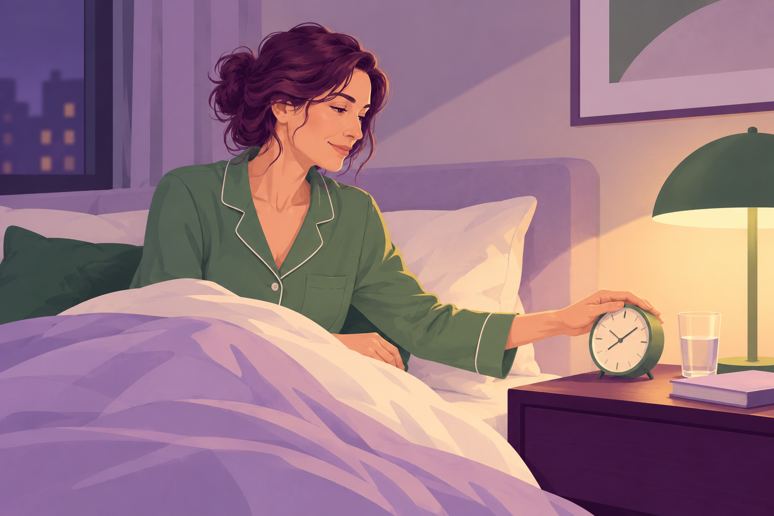 Leptina, grelina și somnul: ilustrație cu o femeie în pat, seara, care întinde mâna spre ceasul deșteptător de pe noptieră, în lumina caldă a veiozei aprinse
