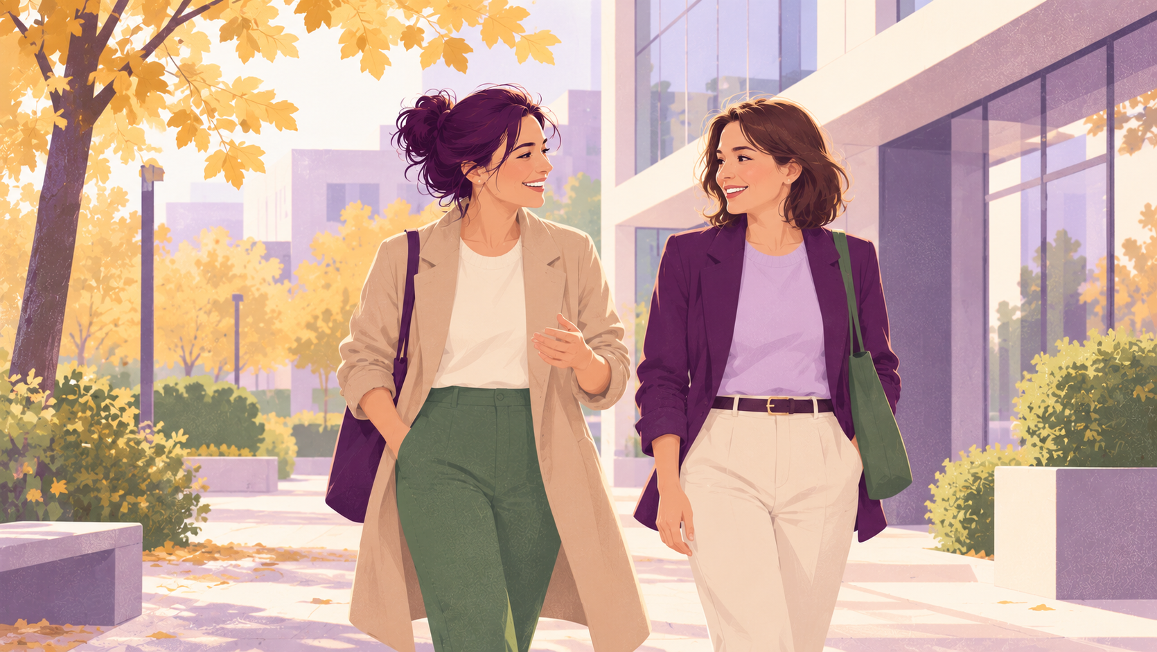 Oboseala după masă: ilustrație cu două colege care se plimbă și vorbesc afară, după-amiaza, printre copaci de toamnă