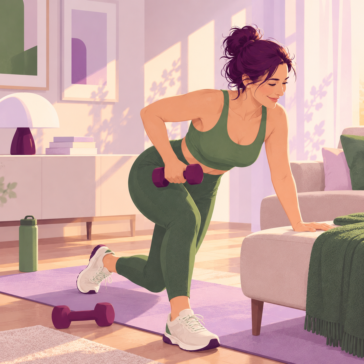 Ilustrație cu o femeie care face exerciții de forță acasă, pe o saltea, cu o gantera ușoară