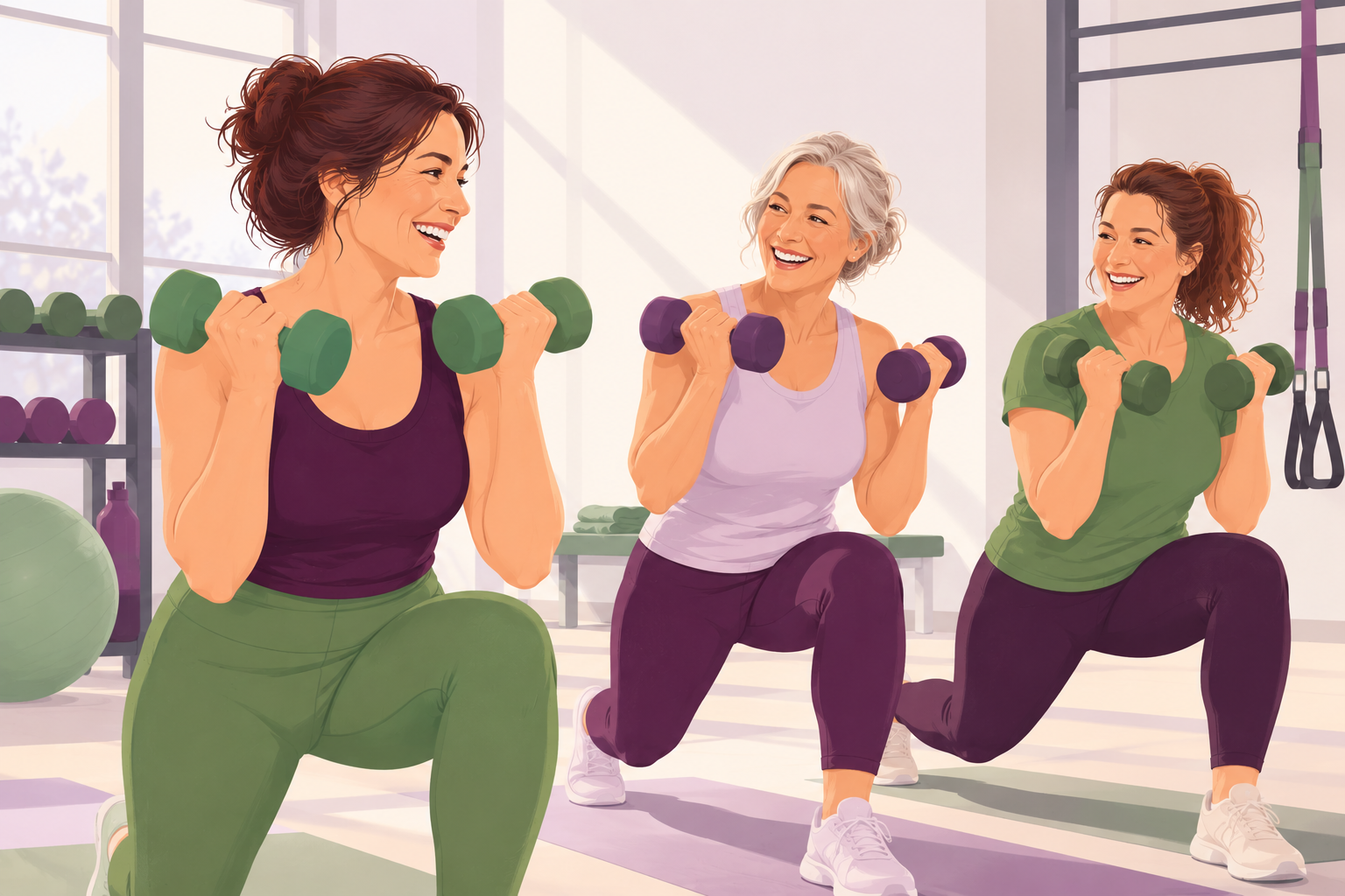 Ilustrație cu trei femei de vârste diferite într-o sală de sport luminoasă, care fac fandări cu gantere ușoare și râd împreună