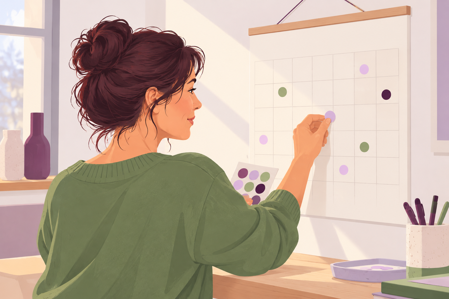 Perimenopauza și ciclul: ilustrație cu o femeie în pulover verde care lipește un abțibild mic, rotund, pe un calendar de perete presărat cu buline colorate