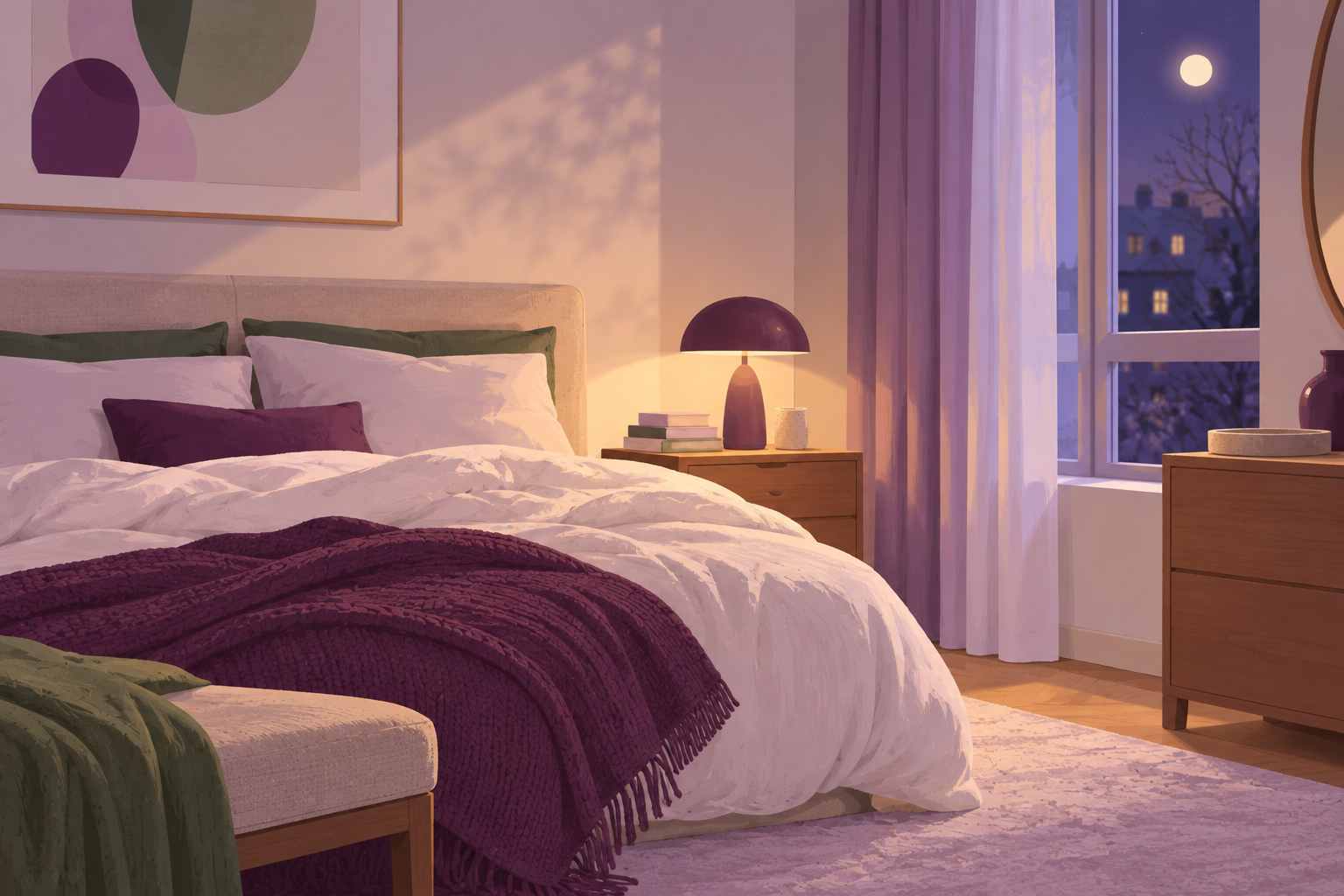 Perimenopauza și somnul: ilustrație cu un dormitor liniștit noaptea, cu patul făcut, o pătură prună, o veioză aprinsă slab și luna în fereastră