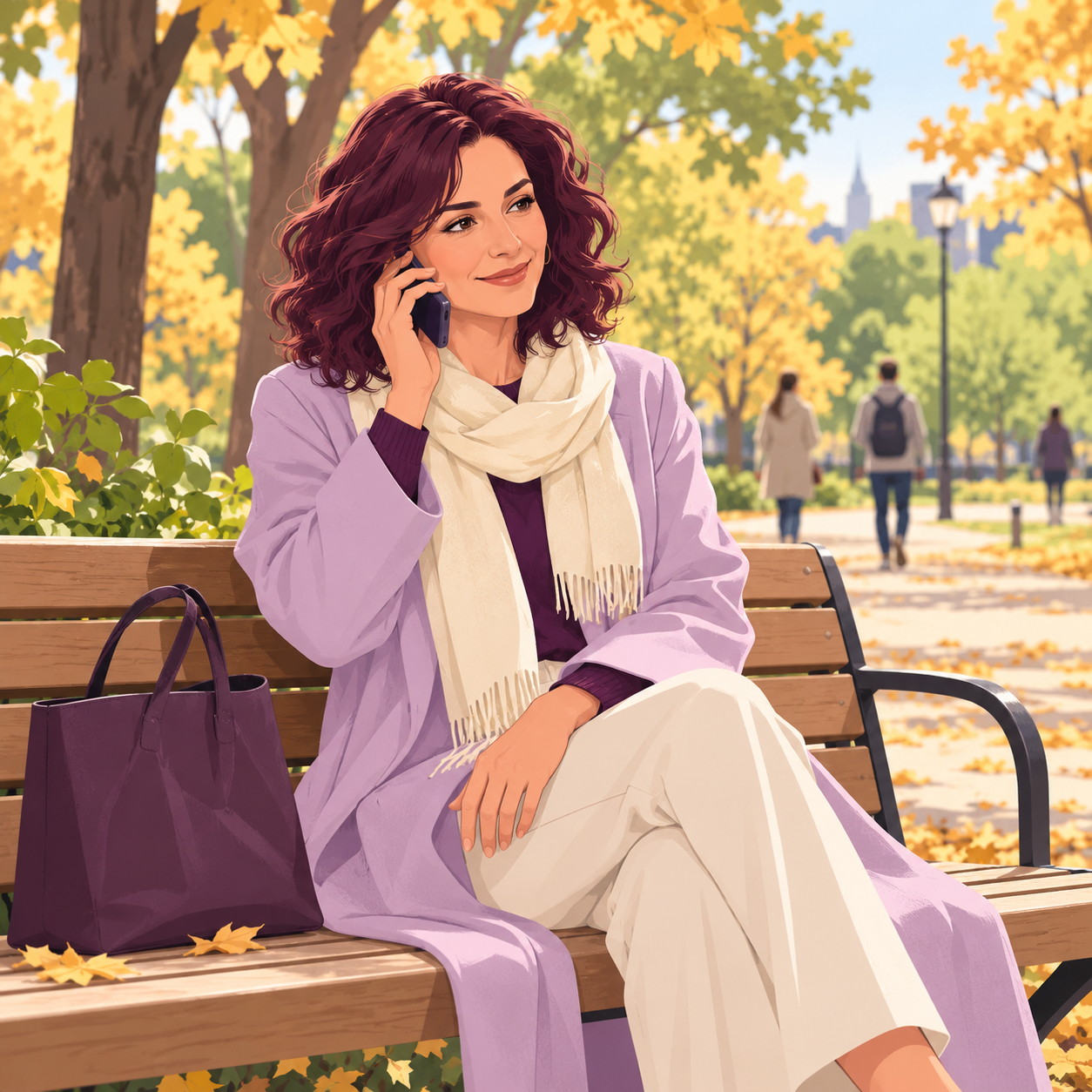 Ilustrație cu o femeie în palton lila, pe o bancă din parc, toamna, care vorbește liniștită la telefon ca să-și facă o programare